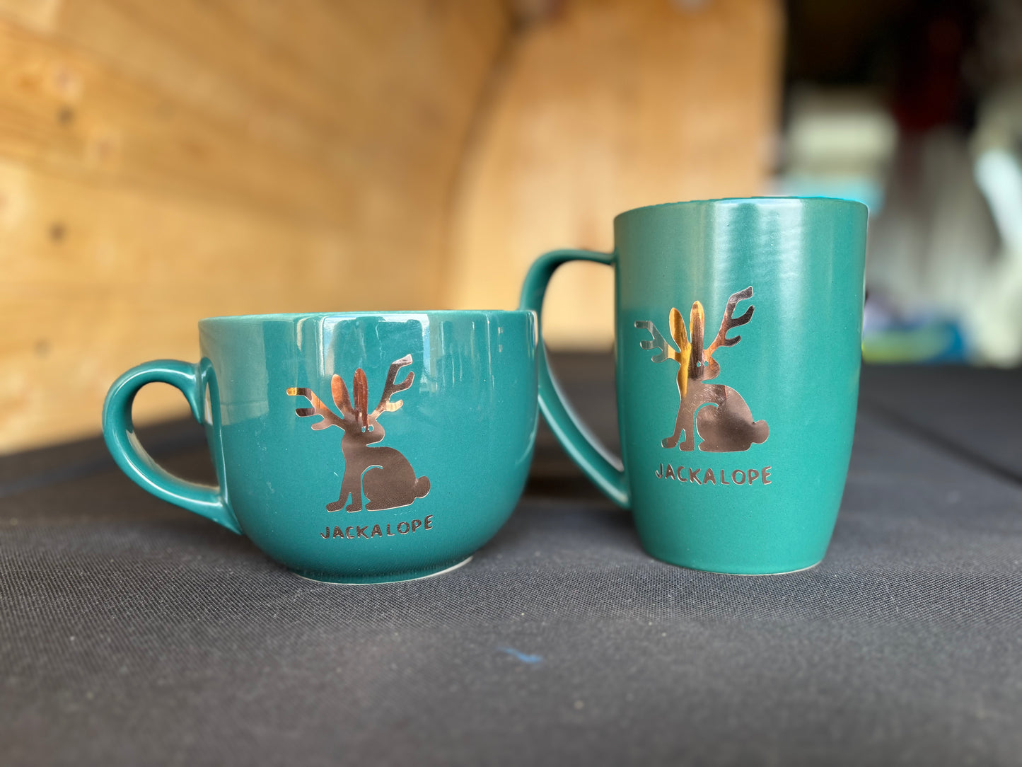 Jackalope upcycled set of 2 mugs - gold on dark turquoise/green