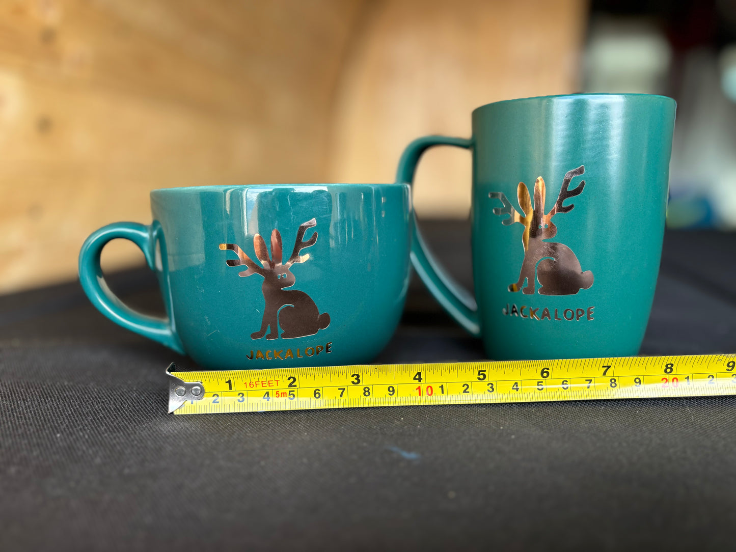 Jackalope upcycled set of 2 mugs - gold on dark turquoise/green