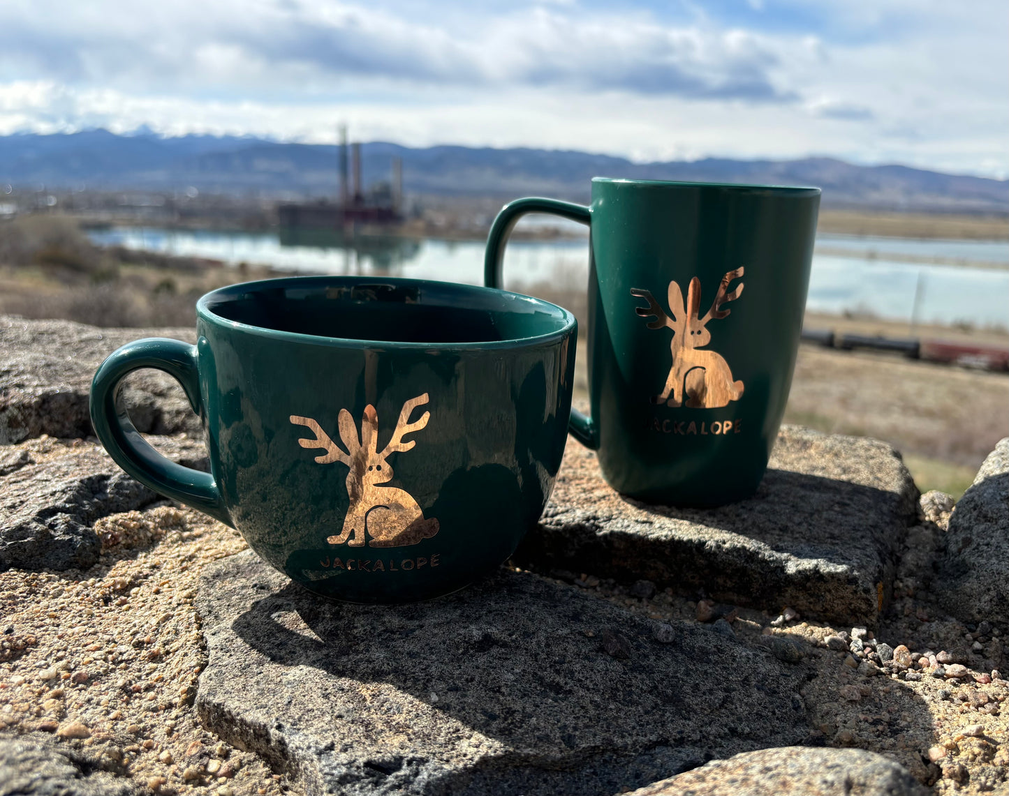 Jackalope upcycled set of 2 mugs - gold on dark turquoise/green