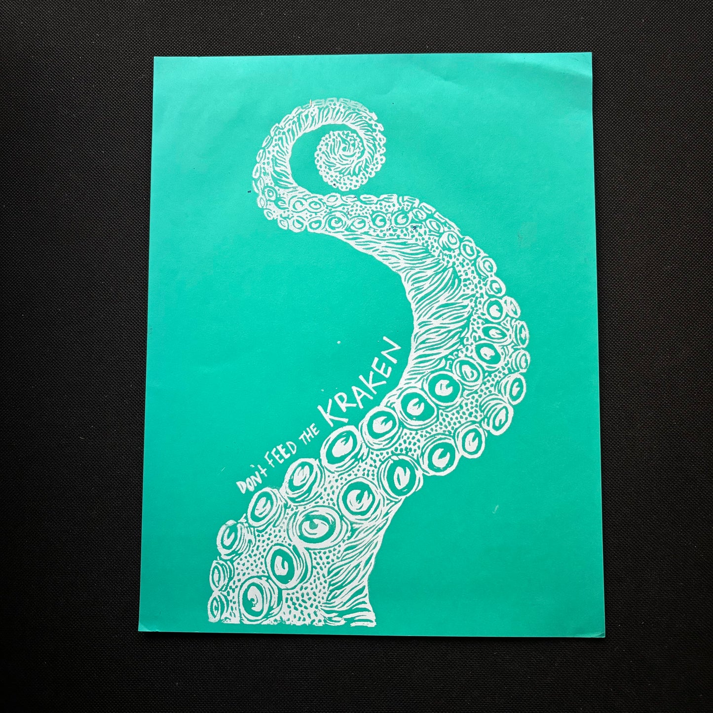 Don’t feed the kraken 8.5x11 print - white on turquoise (fold)